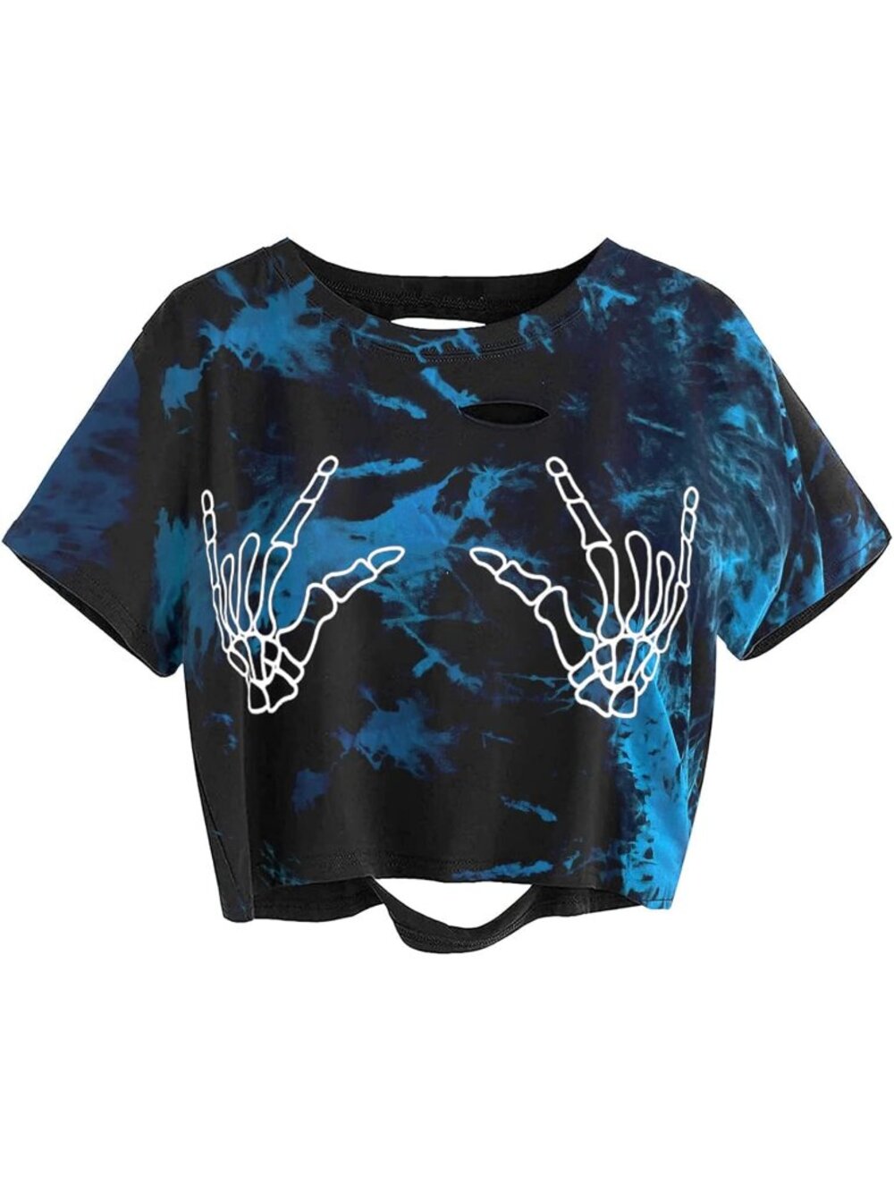 Women's Tie Dye Blue Skull Finger Graphic Distressed Ripped Crop Tops Tee Shirt